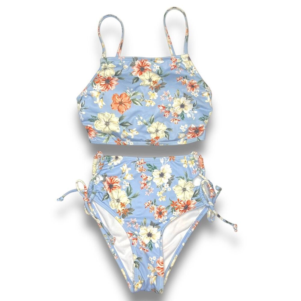 Hurley Womens Bikini Set S Floral Blue 2 Piece Swimsuit Logo Top Bottom New